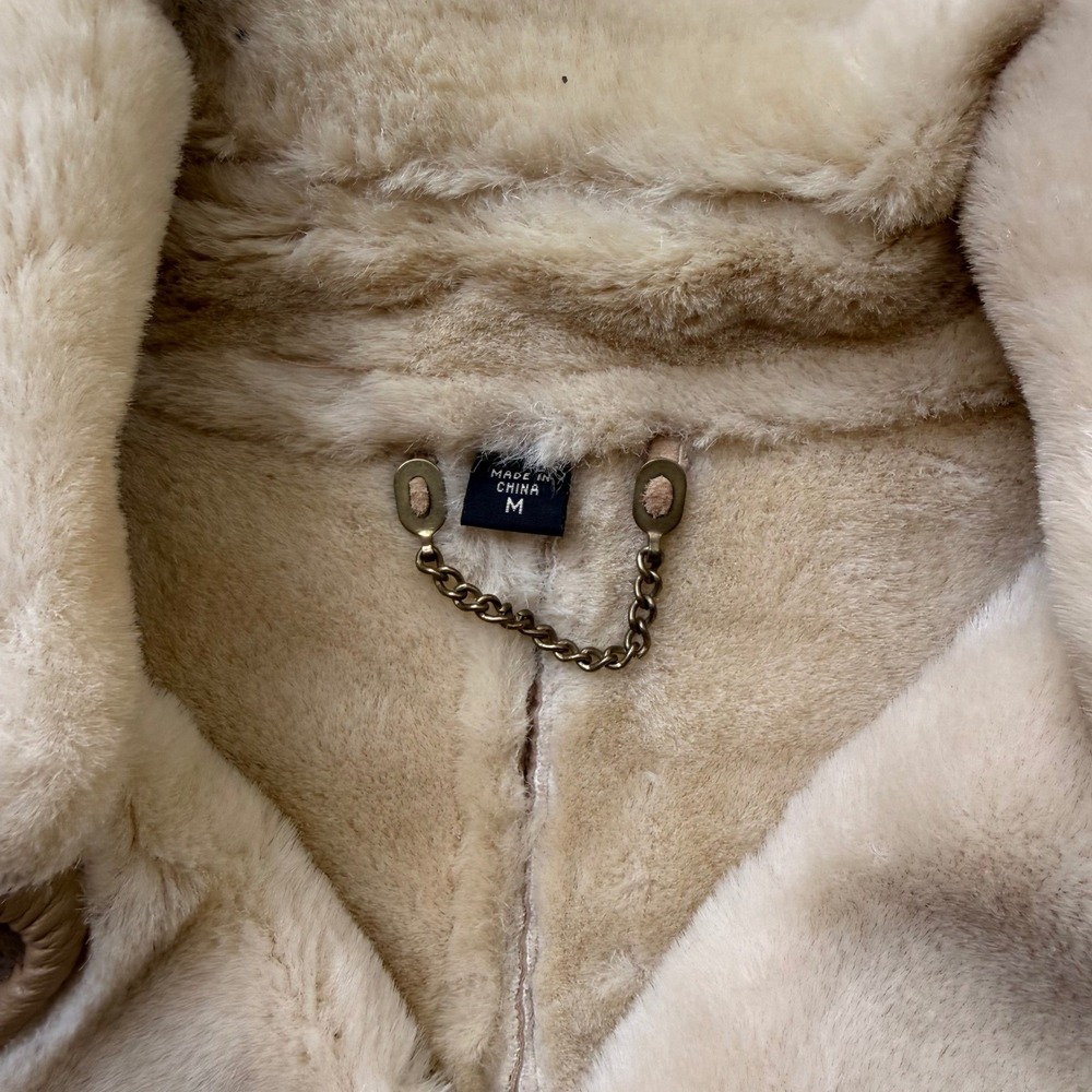Vintage Tan Faux Suede Shearling Aviator Jacket M Cream Fur Collar Zip Up Coat - Picture 3 of 7